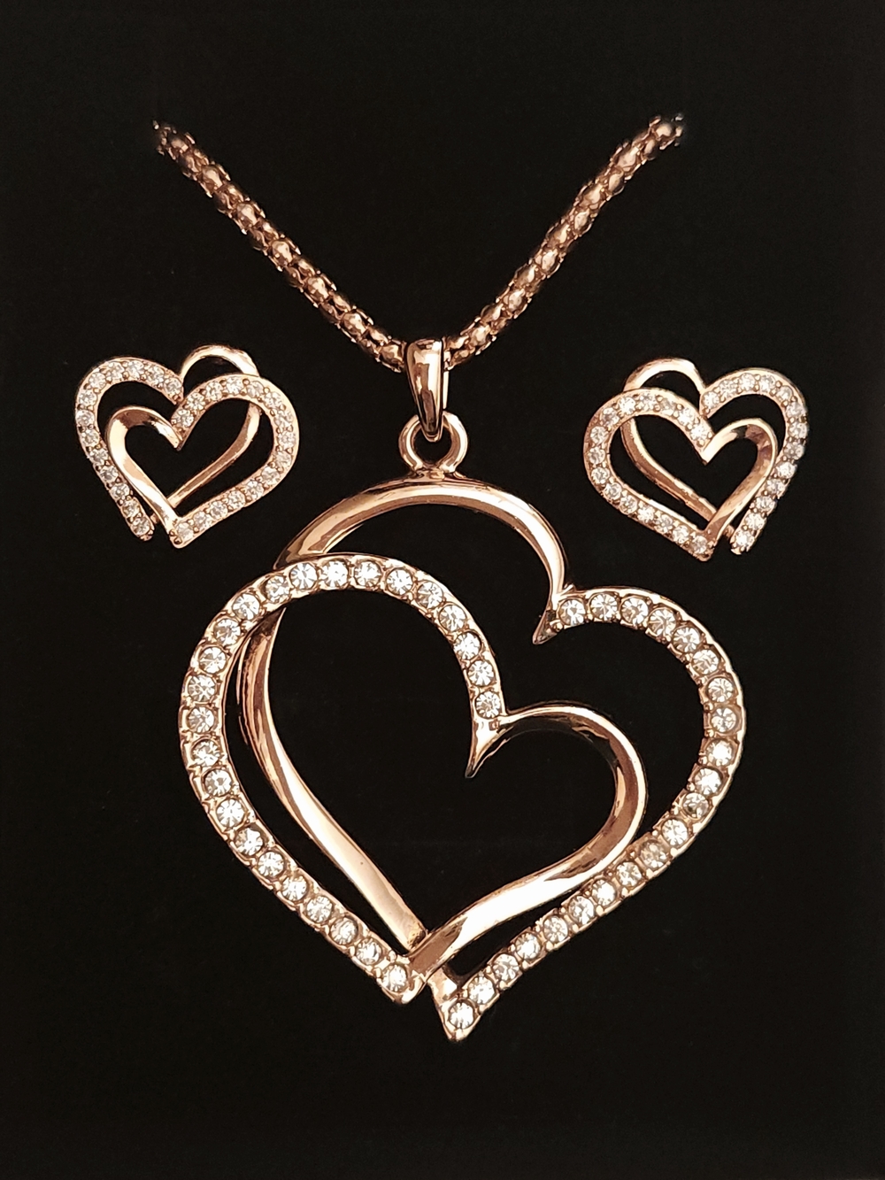 18K Rose Gold Plated Double Heart Pendant And Matching Earrings